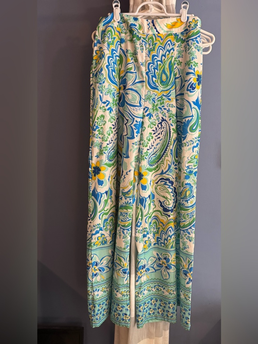 Never Warn Floral Paisley Wide Leg Pants in Blue, Green & Yellow with pockets